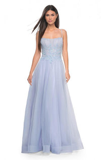 La Femme 32293 - A graceful A-line tulle prom gown featuring a high slit, square neckline, and beaded lace applique for an enchanting look. The model is wearing the dress in light periwinkle.