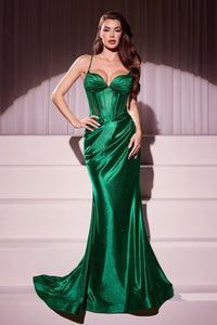 Ladivine CC2397 Glitter-Dusted Stretch Satin Gown - in emerald.