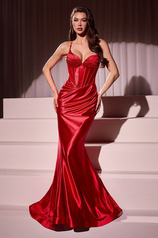 Ladivine CC2397 Glitter-Dusted Stretch Satin Gown - in red.