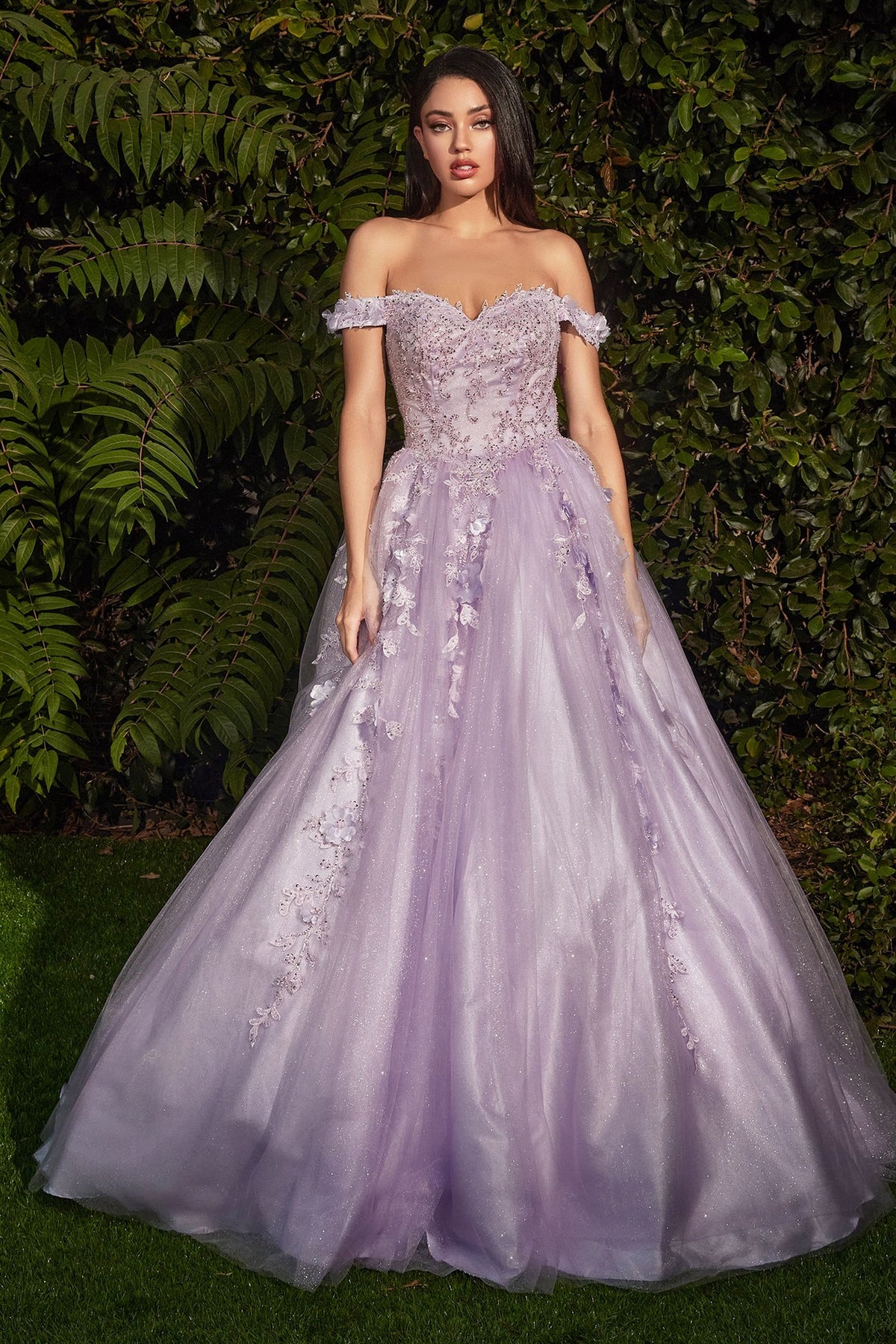 LaDivine CD0185 Quinceañera Dress - Off-the-shoulder A-line gown with sweetheart bodice, cap sleeves, and scattered floral appliques. Open lace-up corset back for added allure. Perfect for quinceañeras, Sweet 16 celebrations, and debutante balls.