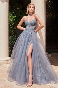 Ladivine CD0230 Strapless A-Line Dress - A glamorous strapless dress with a beaded bodice, plunging neckline, and a layered glitter tulle skirt with a leg slit, perfect for prom and formal evening events.