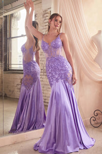 Ladivine CDS470 Glitter & Lace Fit and Flare Evening/Prom Gown - A stunning gown featuring a fitted silhouette, glitter & lace combination, sheer boned corset bodice, sheer mesh side hip cut-out embellished with lace applique, for sophistication and glamour.