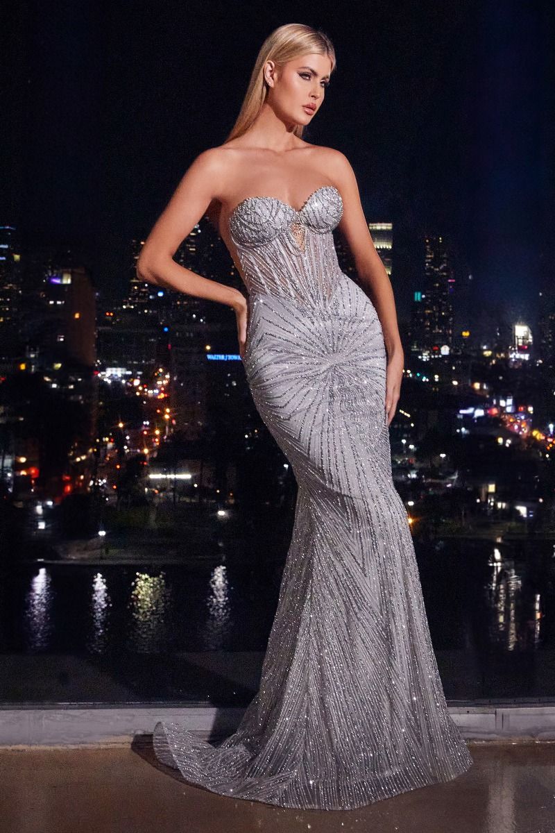 Ladivine J871 Strapless Sweetheart Gown - A strapless gown featuring a sweetheart neckline, sheer boned bodice with keyhole, linear beading motifs, and a train, perfect for prom and formal evening events.  Model is wearing silver.