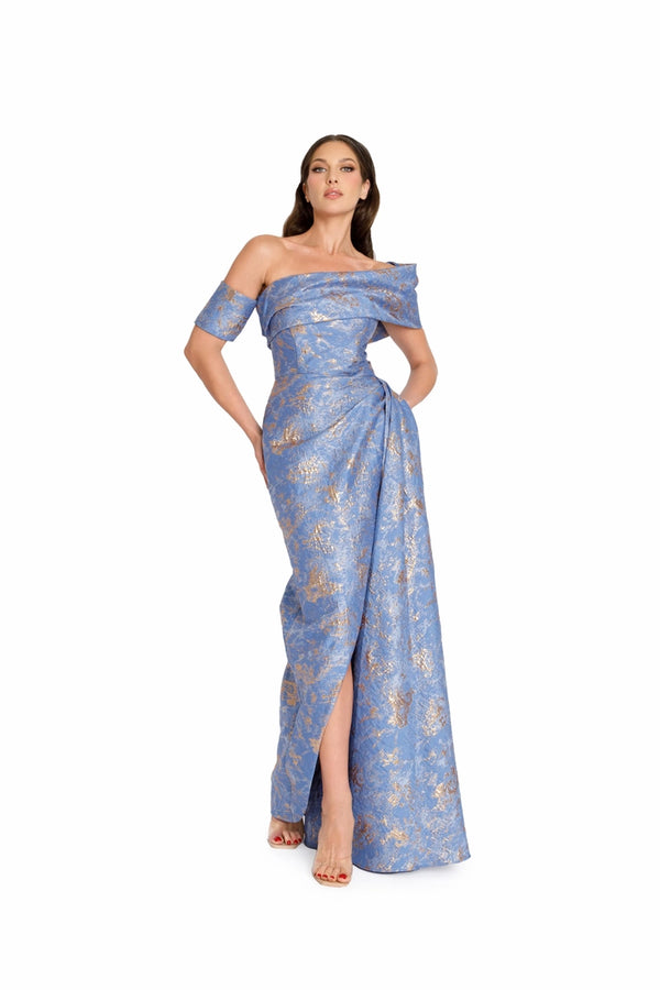 Nicole Bakti 7347 Asymmetrical Shoulder Metallic Jacquard Gown in Periwinkle - Elegant floor-length dress featuring an asymmetrical shoulder overlay and a flattering silhouette.