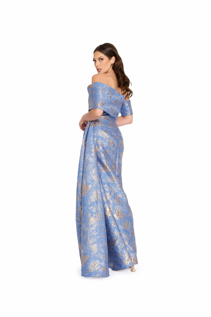 Nicole Bakti 7347 Asymmetrical Shoulder Metallic Jacquard Gown in Periwinkle - Elegant floor-length dress featuring an asymmetrical shoulder overlay and a flattering silhouette.