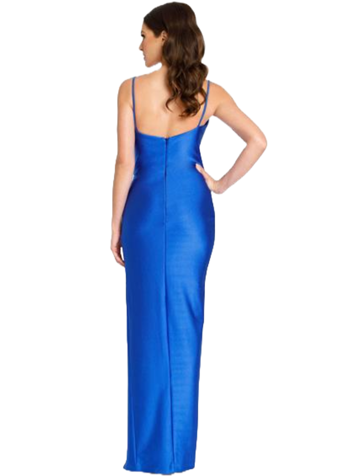 Nicole Bakti 7361 Draped Satin Gown featuring a cowl neckline, spaghetti straps, draped design, and high slit, perfect for formal evenings.