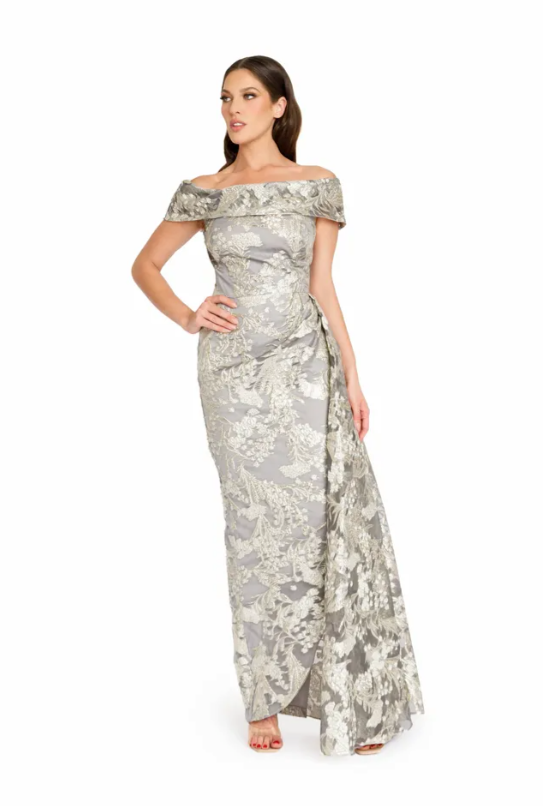 Nicole Bakti 7364 Off-Shoulder Organza Jacquard Gown in Silver