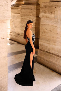 Nicoletta NC1092 Strapless Formal Evening Gown - A stunning strapless gown with a jeweled bodice, train, and high slit.