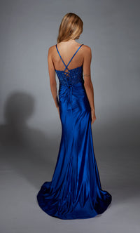 Paris Ayce 61827 Stretch Satin Corset Gown in royal blue featuring an embellished bodice, a thigh-high slit, and a lace-up back. Ideal for prom and evening events.  back View