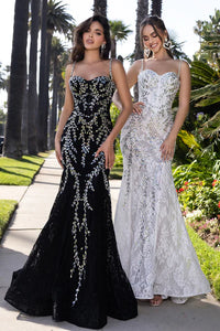 Portia & Scarlett PS25150 Sequinned Lace Mermaid Gown featuring intricate lace, sequin embellishments, sweetheart neckline, and mermaid silhouette for prom or formal evening events.