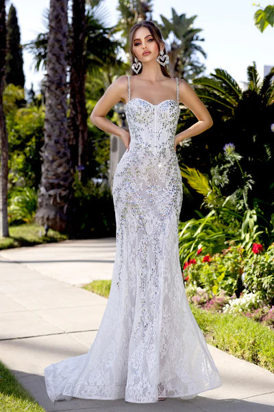 Portia & Scarlett PS25150 Sequinned Lace Mermaid Gown featuring intricate lace, sequin embellishments, sweetheart neckline, and mermaid silhouette for prom or formal evening events.