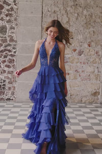 Sherri Hill 56656 Halter Gown - A halter gown with a leaf lace corset bodice and ruffle chiffon skirt with a slit, perfect for formal evening events and prom.  This is a video.