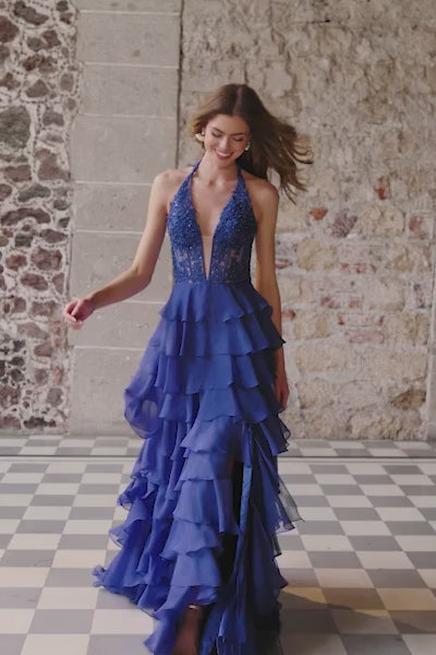 Sherri Hill 56656 Halter Gown - A halter gown with a leaf lace corset bodice and ruffle chiffon skirt with a slit, perfect for formal evening events and prom.  This is a video.