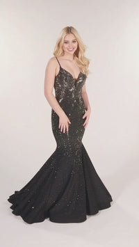 Ellie Wilde EW120012 Sleeveless Fit and Flare Gown - A stunning fit and flare gown featuring a plunging V-neck, stone accents, open bandeau back, horsehair hem, and sweep train, perfect for prom.  This is a video.