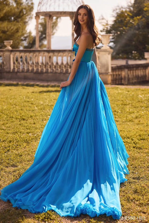 Sherri Hill 57028 A-Line pleated chiffon gown with a high skirt slit, perfect for prom and formal events.