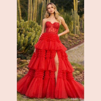 Sherri Hill 55682 Strapless Ball Gown with Sheer Lace Corset Bodice - Perfect for evening events, prom, or a quinceañera.