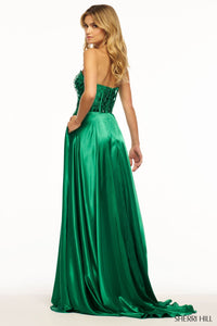 Sherri Hill 56041 Strapless Charmeuse Gown with Cut Glass Corset Bodice - A stunning strapless gown featuring a cut glass corset bodice, sweetheart neckline, and high skirt slit. Perfect for making a statement at prom.  The model is wearing the dress in the color emerald.