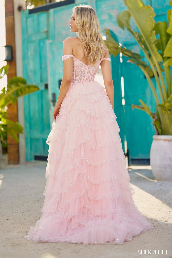 Sherri Hill 56157 Tulle Sequin A-Line Gown with sheer corset bodice, off-the-shoulder straps, and ruffle high slit skirt.  Back View.