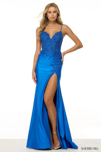 Sherri Hill 56448 Fitted Gown with Lace Corset Bodice and Skirt Slit – A sleek prom and evening dress featuring a lace corset, fitted silhouette, and bold slit.