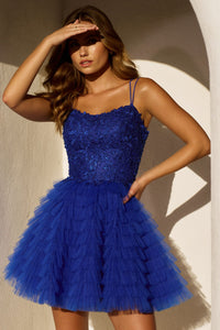 Sherri Hill 56503 Leaf Lace Cocktail Dress - A cocktail dress featuring leaf lace detailing, a tulle ruffle skirt, and a lace-up back, perfect for formal evening events, cocktail parties, and homecoming.