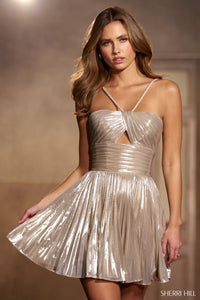 Sherri Hill 56710 Halter Metallic Cocktail Dress with keyhole, empire waist, and open low back. The model is wearing the dress in the color silver.