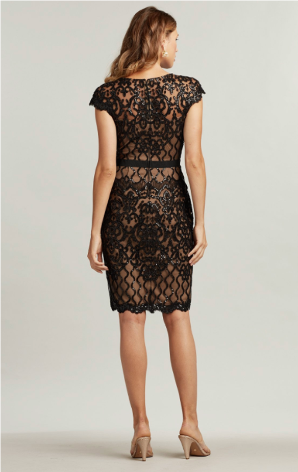 Tadashi Shoji BJK18795 Embroidered Tulle Sheath Dress - Sophisticated knee-length dress with sparkly paillette embellishments, plunging illusion neckline, attached grosgrain elastic belt, and fitted sheath silhouette.