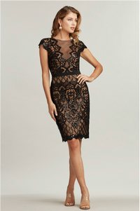 Tadashi Shoji BJK18795 Embroidered Tulle Sheath Dress - Sophisticated knee-length dress with sparkly paillette embellishments, plunging illusion neckline, attached grosgrain elastic belt, and fitted sheath silhouette.