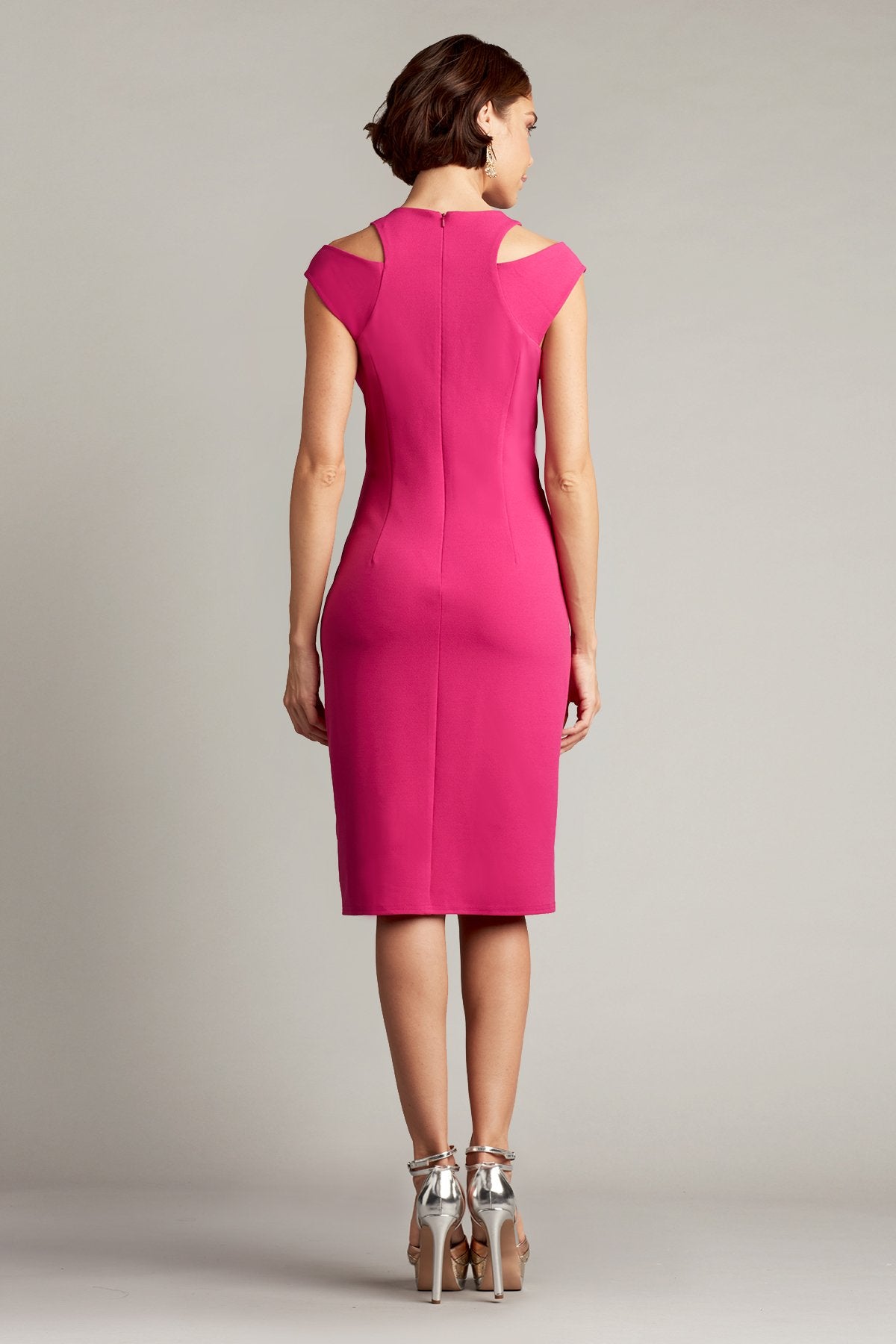 Stunning Tadashi Shoji BOS21029M Textured Crepe Dress in Hibiscus color, available at Madeline's Boutique in Toronto and Boca Raton. Perfect for any occasion, this body-skimming dress features shoulder cut-outs and minimalist cascading ruffle draping. Shop now and embrace effortless style!