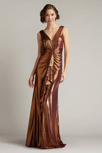 Tadashi Shoji BSJ24432L Metallic Waterfall Drape Gown – A shimmering copper gown featuring a V-neckline, pleating detail, and cascading drape, perfect for evening events.