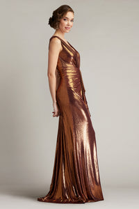 Tadashi Shoji BSJ24432L Metallic Waterfall Drape Gown – A shimmering copper gown featuring a V-neckline, pleating detail, and cascading drape, perfect for evening events.