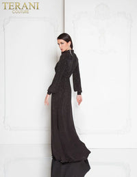 Terani 1812E6274 Long Sleeve Black Evening Gown - Long sleeve gown with low V neckline and beaded collar.