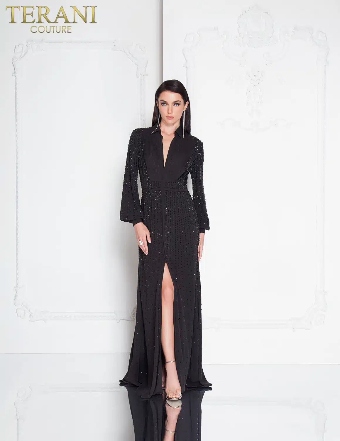 Terani 1812E6274 Long Sleeve Black Evening Gown - Long sleeve gown with low V neckline and beaded collar.