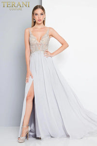 Terani 1812P6297G Evening Gown - Elegant chiffon dress featuring a plunging neckline and intricate embellishments, ideal for prom and formal events.