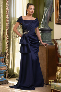 Terani 242M3338 Matte Satin Asymmetric Column Gown - Elegant long dress with cap sleeves, asymmetric neckline, and column silhouette in luxurious matte satin.