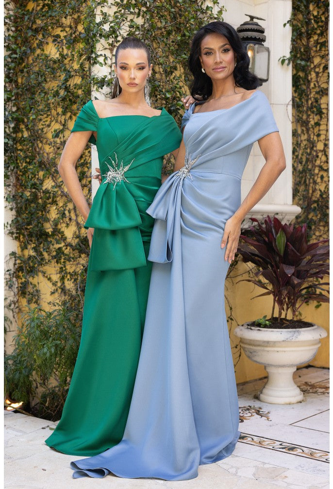 Terani 242M3338 Matte Satin Asymmetric Column Gown - Elegant long dress with cap sleeves, asymmetric neckline, and column silhouette in luxurious matte satin.