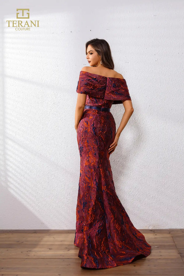 Terani 251E4253 fit and flare jacquard gown with off-the-shoulder neckline, perfect for formal evening events and mother of the bride or groom occasions.