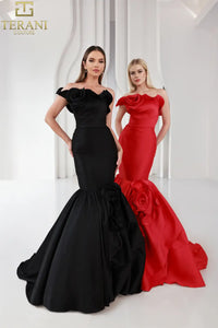 Terani 251E4272 Mikado Trumpet Gown featuring an off-shoulder floral neckline and a dramatic mermaid-style skirt.