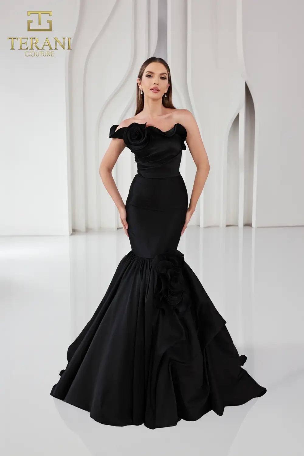 Terani 251E4272 Mikado Trumpet Gown featuring an off-shoulder floral neckline and a dramatic mermaid-style skirt.