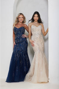 Terani Couture 241P2219 Sleeveless Beaded Trumpet Evening Gown - A sophisticated evening gown with a sleeveless trumpet silhouette, beaded detailing on tulle, a sweetheart neckline, and a long dress for a timeless and glamorous look. This is a picture of the models wearing the dress in Champagne and Navy.