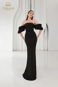 Terani Couture 251E4204 Off-Shoulder Matte Satin Gown - Features a sheath silhouette, straight neckline, back slit, and luxurious matte satin fabric for formal elegance.  Dress in black.  Front View.