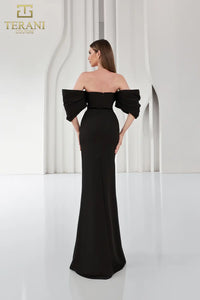 Terani Couture 251E4204 Off-Shoulder Matte Satin Gown - Features a sheath silhouette, straight neckline, back slit, and luxurious matte satin fabric for formal elegance.  Dress in black.  Back View.