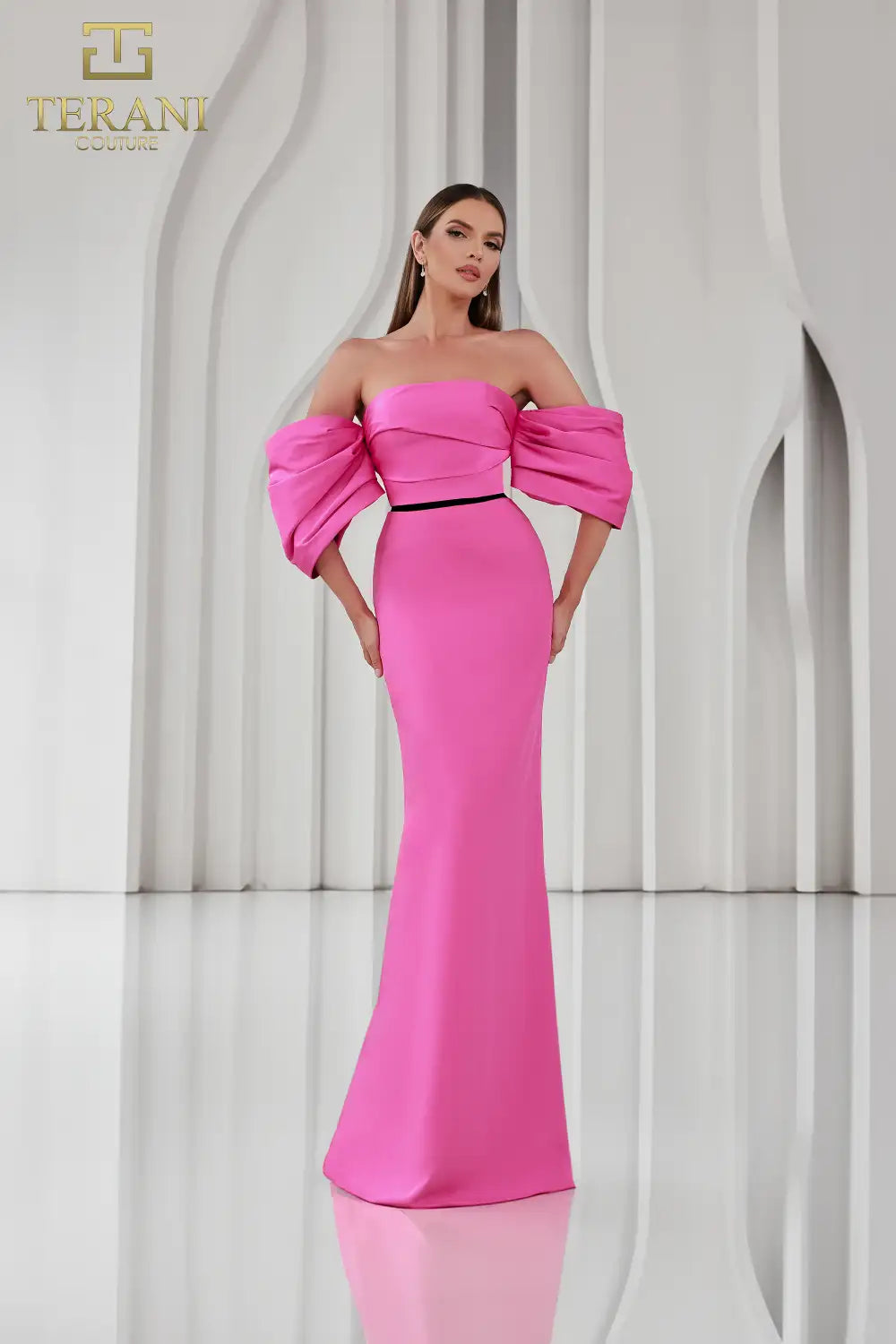 Terani Couture 251E4204 Off-Shoulder Matte Satin Gown - Features a sheath silhouette, straight neckline, back slit, and luxurious matte satin fabric for formal elegance.  Dress in fuchsia.  Front View.