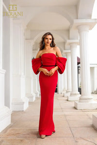 Terani Couture 251E4204 Off-Shoulder Matte Satin Gown - Features a sheath silhouette, straight neckline, back slit, and luxurious matte satin fabric for formal elegance.  Dress in red.