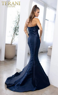 Terani 241E2512 Strapless Mermaid Gown in Midnight Color with Floral Beaded Detail