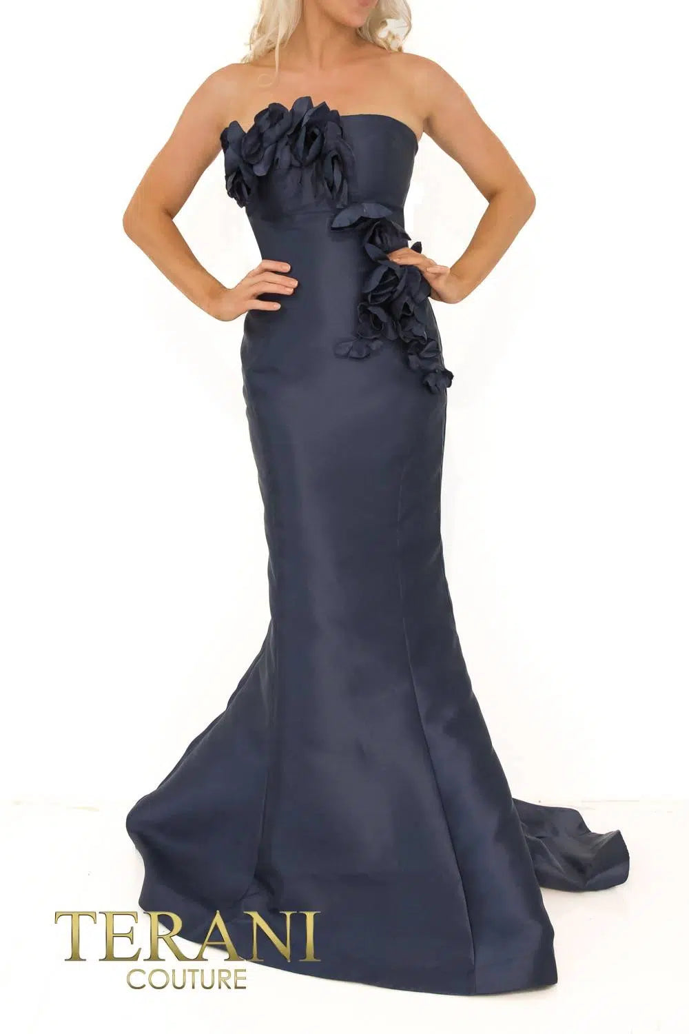 Terani 241E2512 Strapless Mermaid Gown in Midnight Color with Floral Beaded Detail