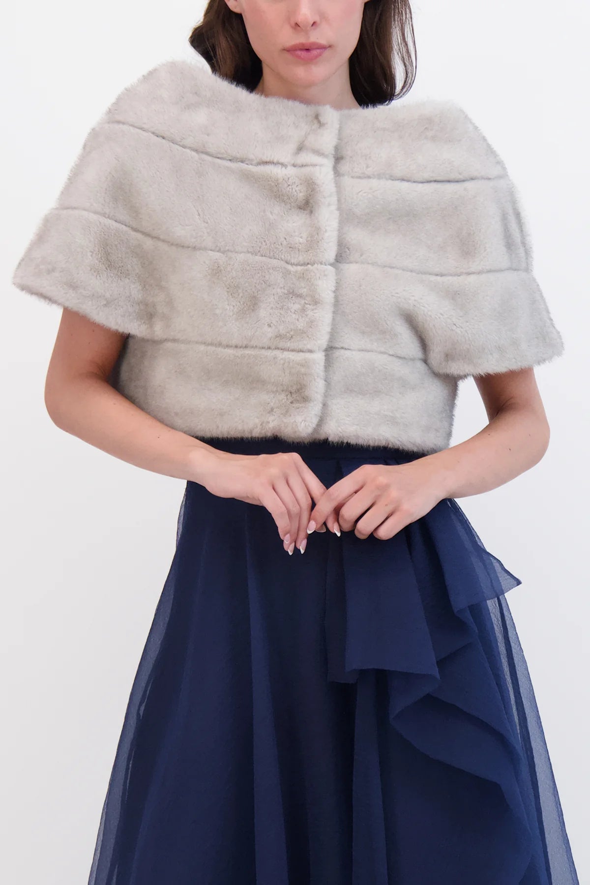 Theia 8890010 Fur-Free Mink Capelet - A sophisticated accessory with a plush fur-free mink design, structured silhouette, and elegant style for formal evenings.