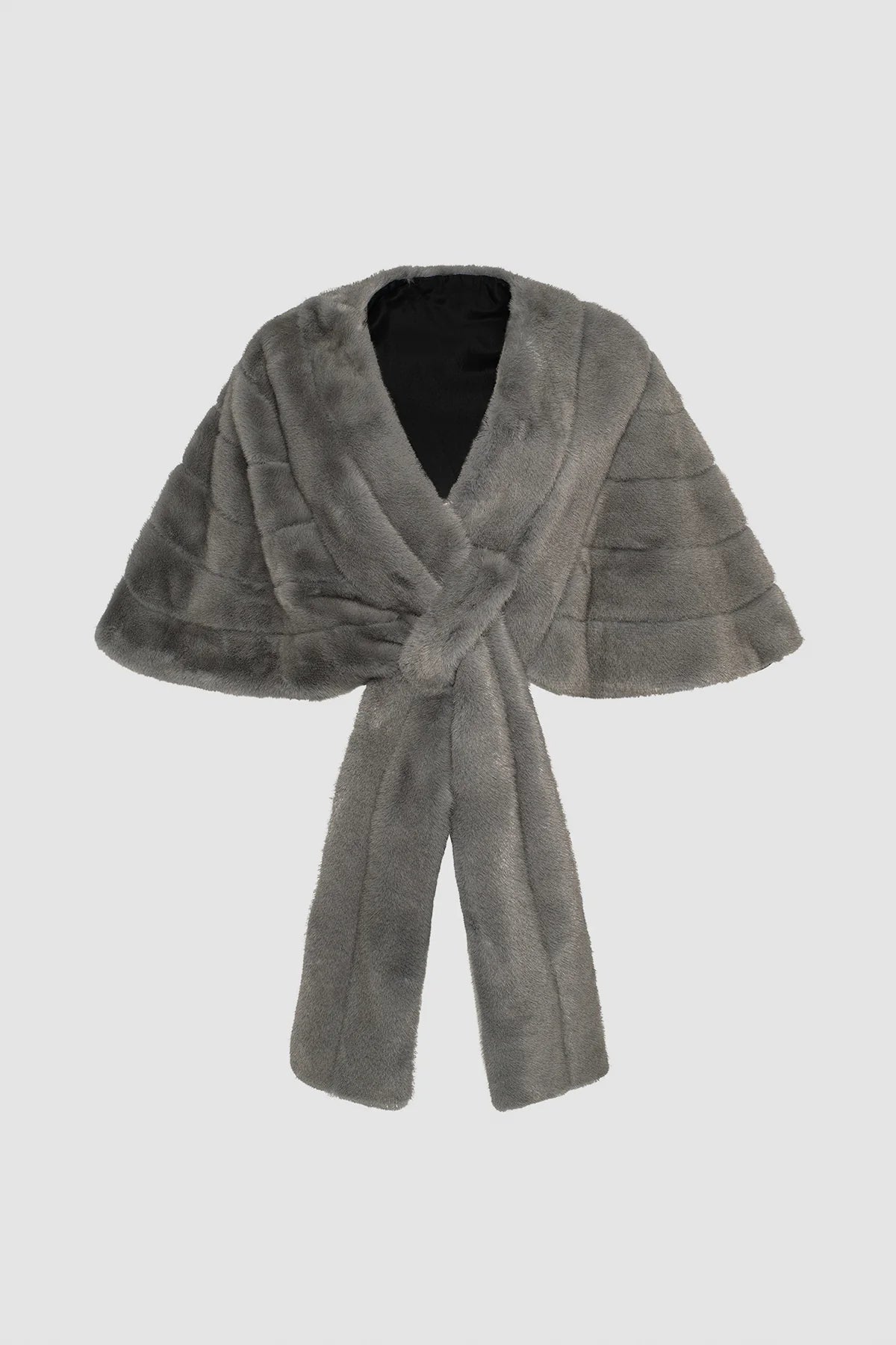 Theia 8890011 Fur-Free Mink Stole - A luxurious gray wrap with a cruelty-free mink design, perfect for formal evenings and adding a chic finishing touch.