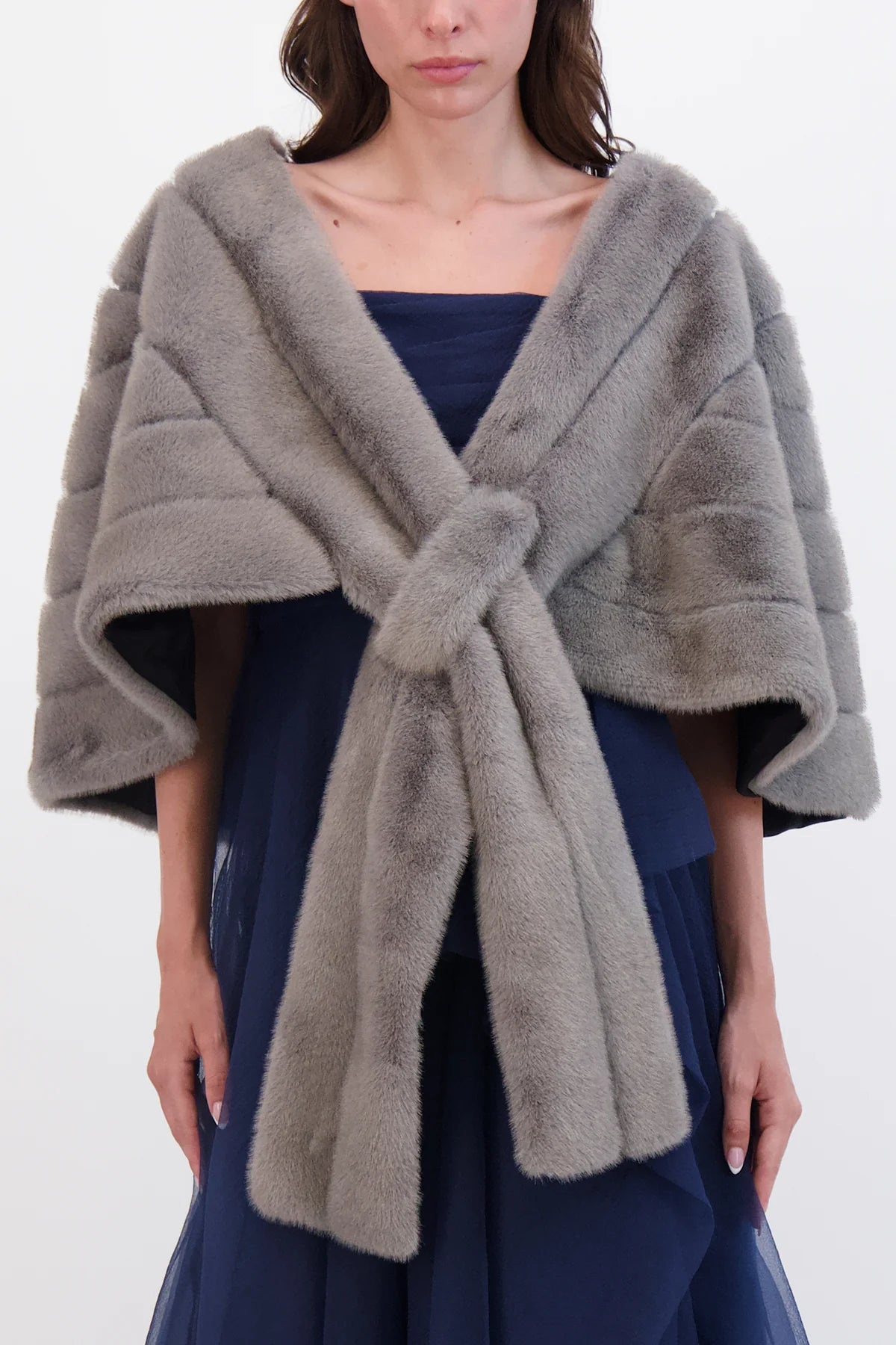 Theia 8890011 Fur-Free Mink Stole - A luxurious gray wrap with a cruelty-free mink design, perfect for formal evenings and adding a chic finishing touch.