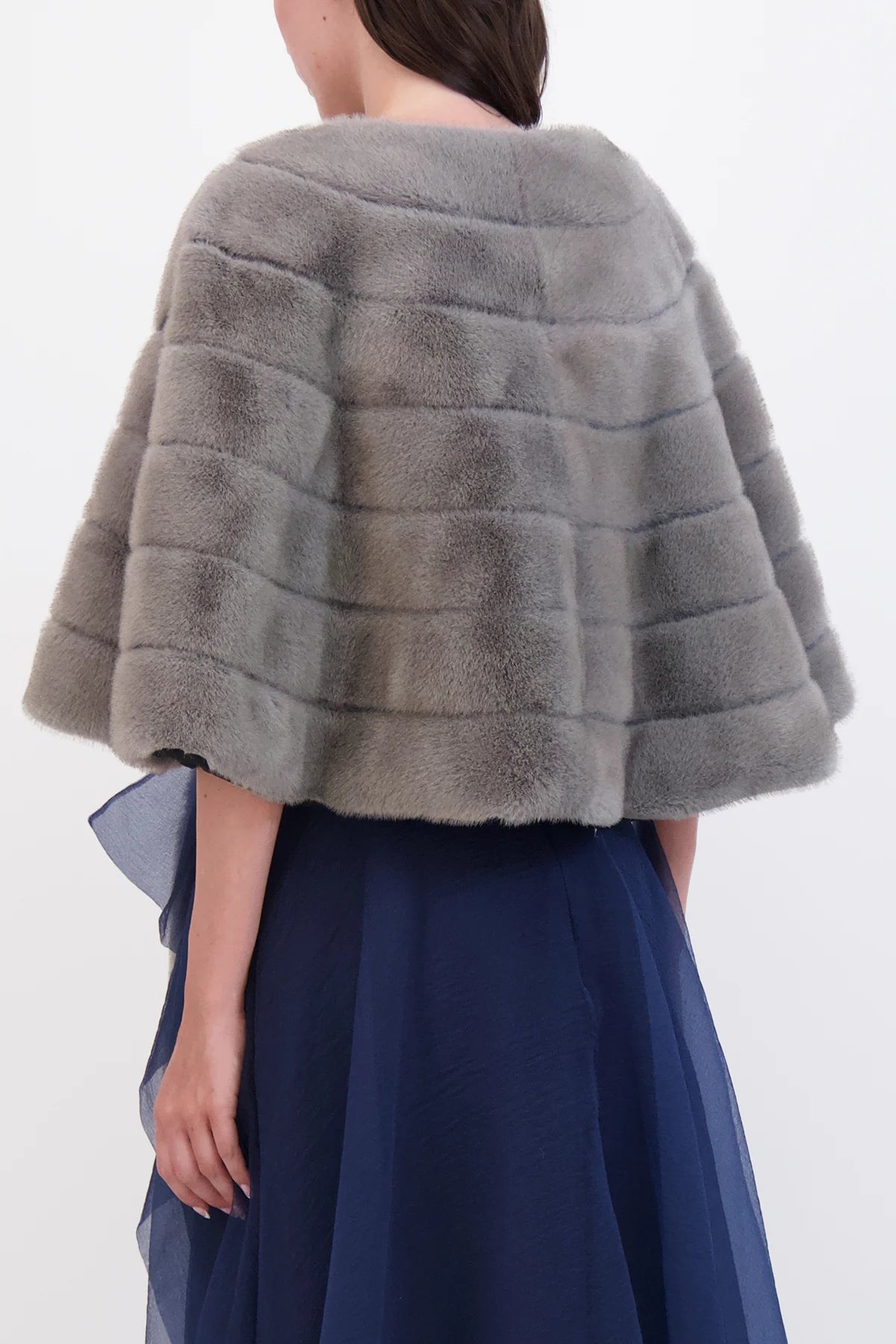 Theia 8890011 Fur-Free Mink Stole - A luxurious gray wrap with a cruelty-free mink design, perfect for formal evenings and adding a chic finishing touch.