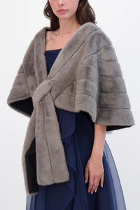 Theia 8890011 Fur-Free Mink Stole - A luxurious gray wrap with a cruelty-free mink design, perfect for formal evenings and adding a chic finishing touch.